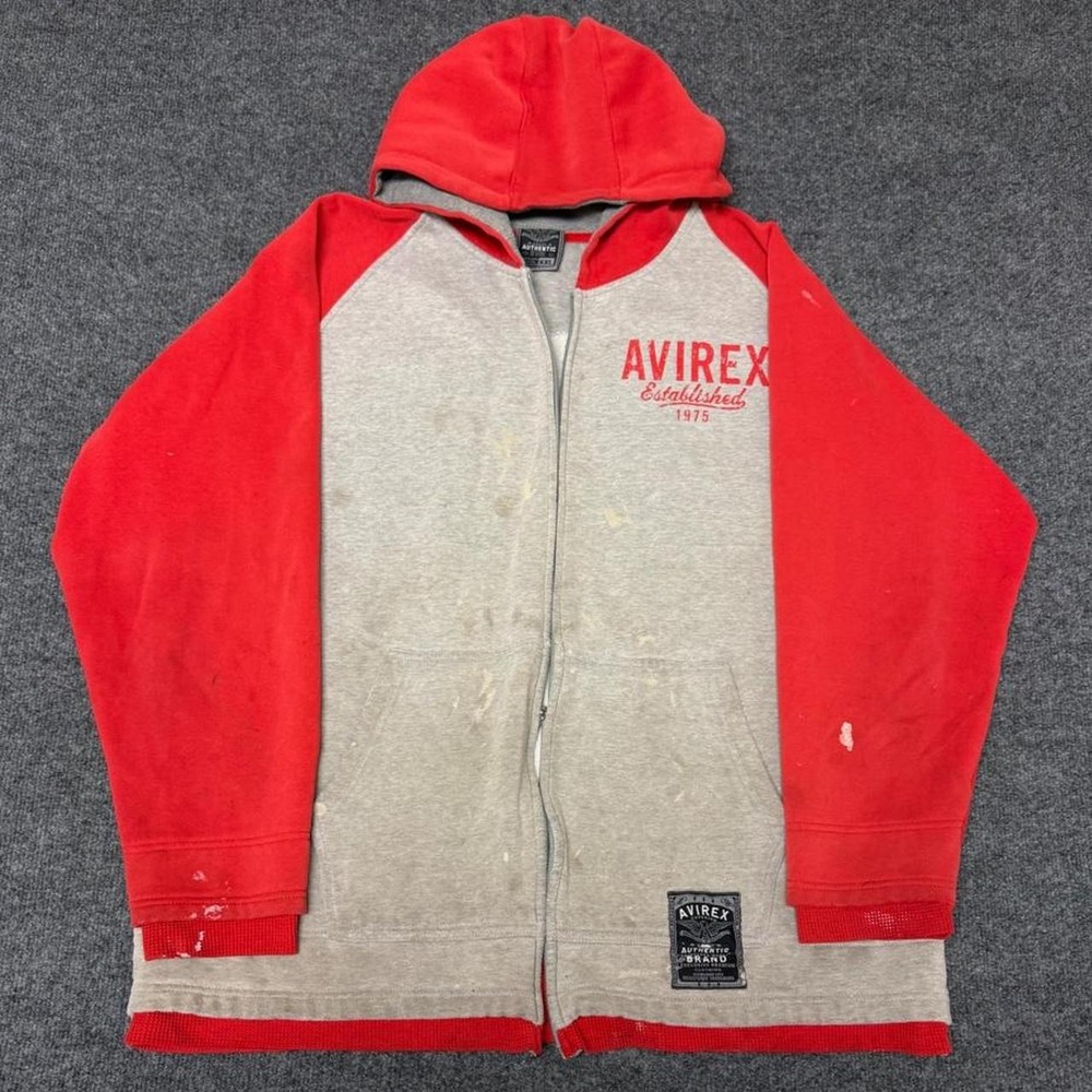 Vintage Y2K Avirex Full Zip Heavyweight Embroidered Hoodie Gray Red Size 2XL